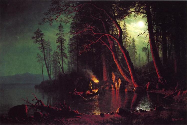 Albert Oil Painting Lake Tahoe, Spearing Fish by Torchlight - Click Image to Close